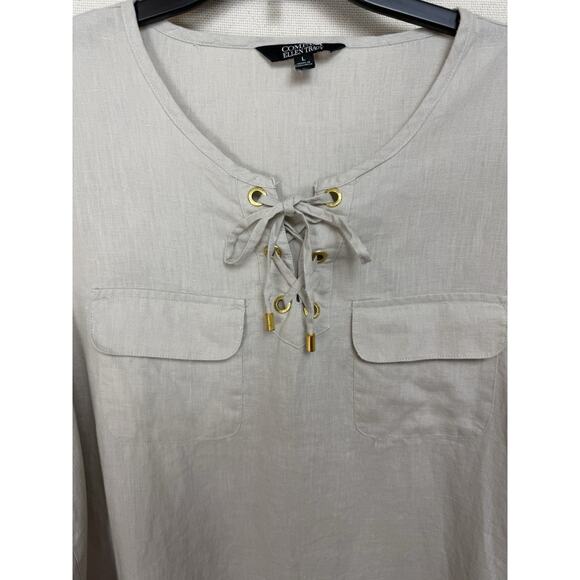 Company Ellen Tracy Tan Beige Tunic Lace Up Sz L Casual Classic Work Office - Picture 2 of 11